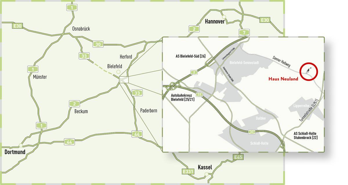 Directions graphic showing the various highways/highway junctions etc. for the journey to Bielefeld Sennestadt